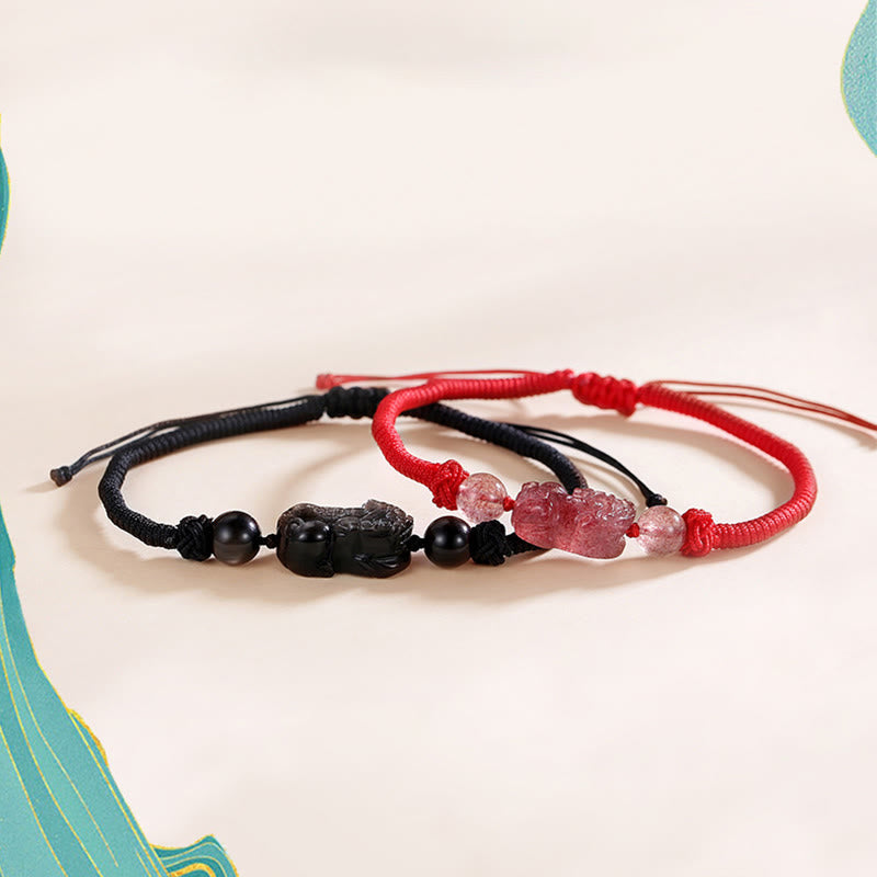 Spirituality Buddha Karma Handmade Natural Silver Sheen Obsidian Strawberry Quartz PiXiu Protection Braided Bracelet