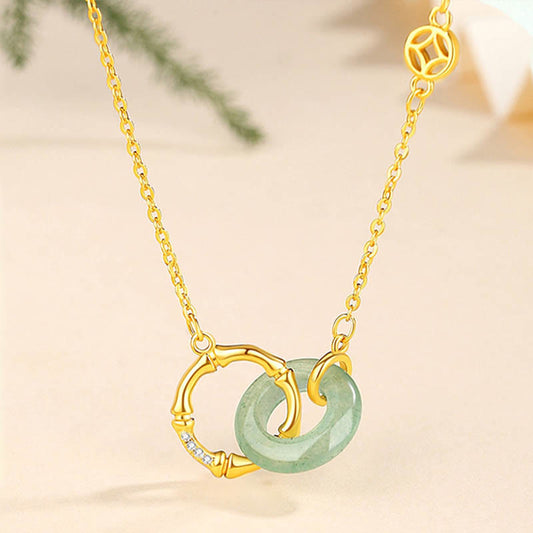 Spirituality Buddha Karma 925 Sterling Silver Natural Green Aventurine Peace Buckle Bamboo Coin Prosperity Necklace Pendant