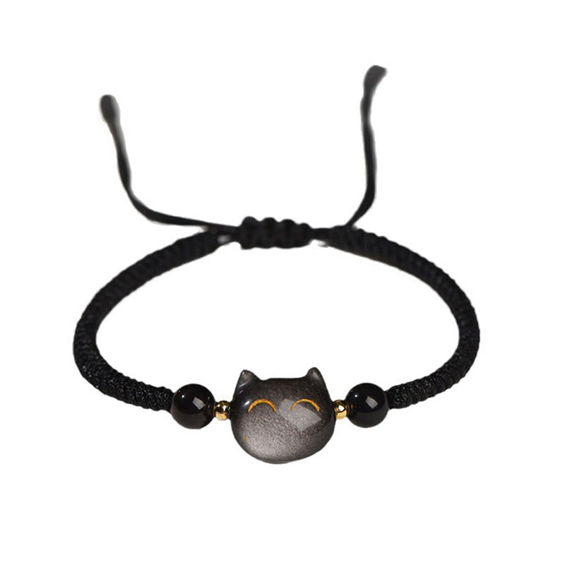 Spirituality Buddha Karma Handmade Natural Silver Sheen Obsidian Strawberry Quartz Cute Cat Protection Braided Bracelet