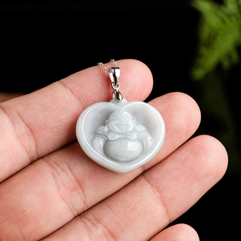 Buddha Energy Necklace 925 Sterling Silver Laughing Buddha White Jade Luck Blessing Necklace Pendant