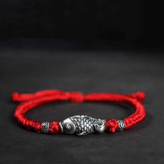 Ancient Tibetan Buddhist Red String Tradition  Silver Luck Koi Fish Braided String Bracelet