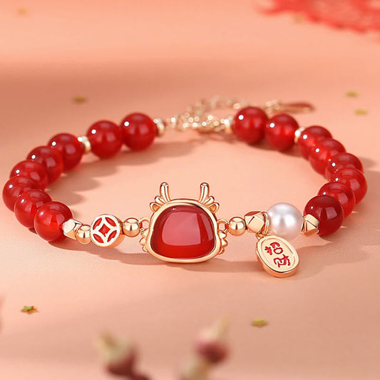 Jade  925 Sterling Silver Year of the Dragon Natural Red Agate Hetian Jade Attract Fortune Success Bracelet