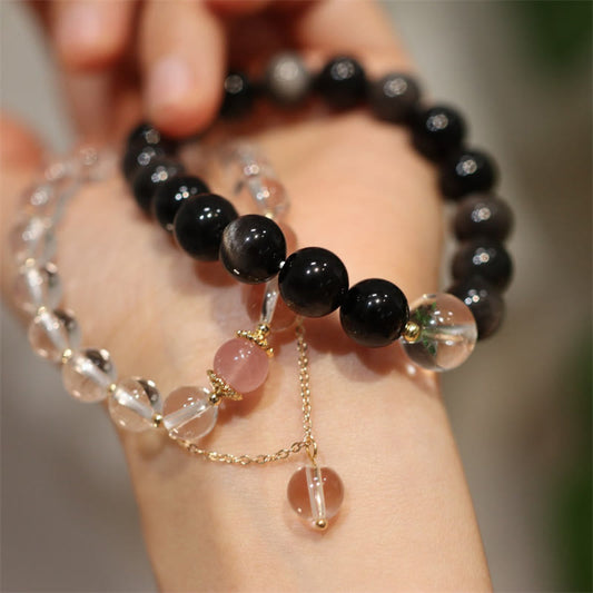 Spirituality Buddha Karma Natural Silver Sheen Obsidian Pink Crystal White Crystal Protection Yin Yang Color Couple Bracelet