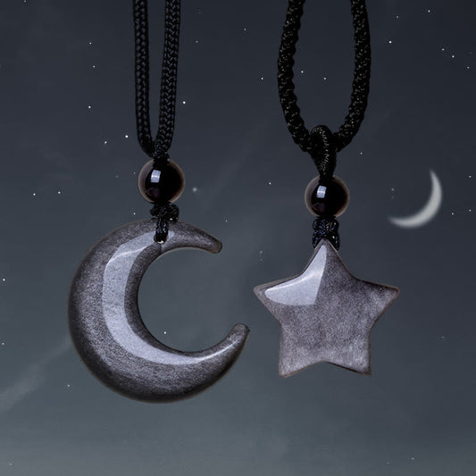 Spirituality Buddha Karma Natural Silver Sheen Obsidian Star Crescent Moon Protection Necklace Pendant