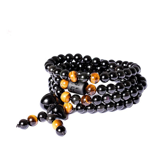 Spirituality Buddha Karma Natural Black Obsidian Rainbow Obsidian Gourd Blessing Bracelet Mala