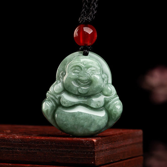Buddha Energy Necklace Natural Green Jade Laughing Buddha Luck Abundance Necklace Pendant