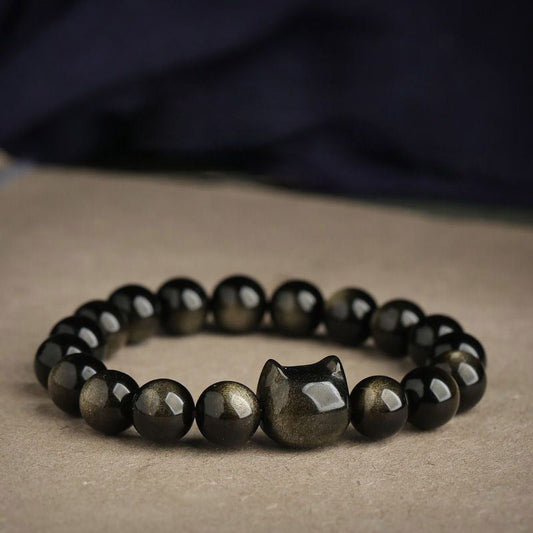 Spirituality Buddha Karma Gold Sheen Obsidian Silver Sheen Obsidian Lovely Paw Lucky Cat Protection Bracelet