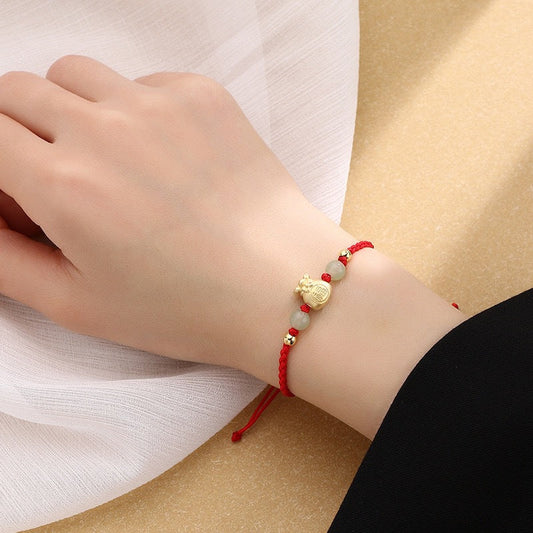Ancient Tibetan Buddhist Red String Tradition  Lucky Money Bag Fu Character Jade Bead Luck Braided Bracelet
