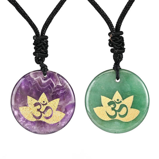 Spirituality Buddha Karma OM Lotus Symbol Various Crystal Amethyst Tiger Eye Healing Necklace Pendant