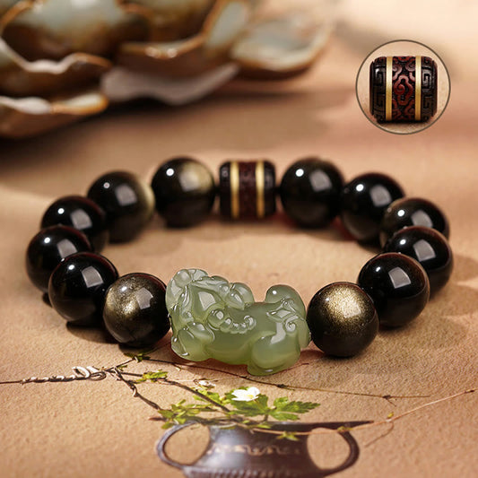 Spirituality Buddha Karma Natural Gold Sheen Obsidian Hetian Cyan Jade White Jade PiXiu Wealth Bracelet