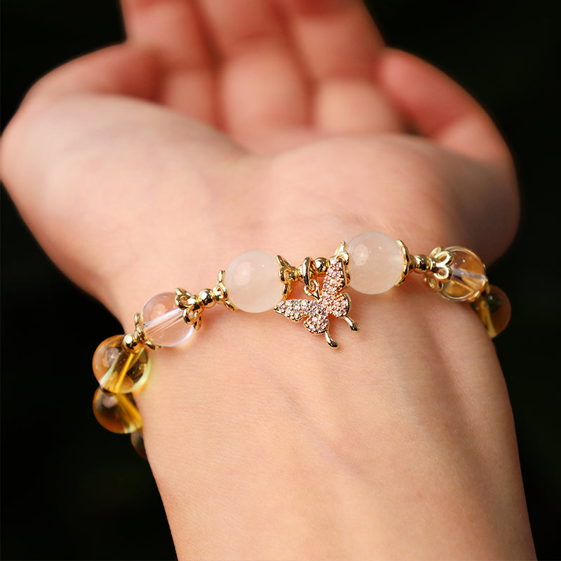 Golden Energy Citrine Wealth Solar Plexus Chakra (Third Chakra) Moonstone Butterfly Charm Prosperity Protection Bracelet