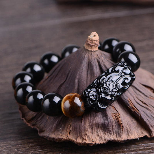 Spirituality Buddha Karma Natural Black Obsidian PiXiu Tiger's Eye Strength Bracelet