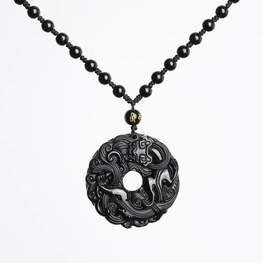 Spirituality Buddha Karma Natural Black Obsidian Peace Buckle Pixiu Purification Necklace Pendant