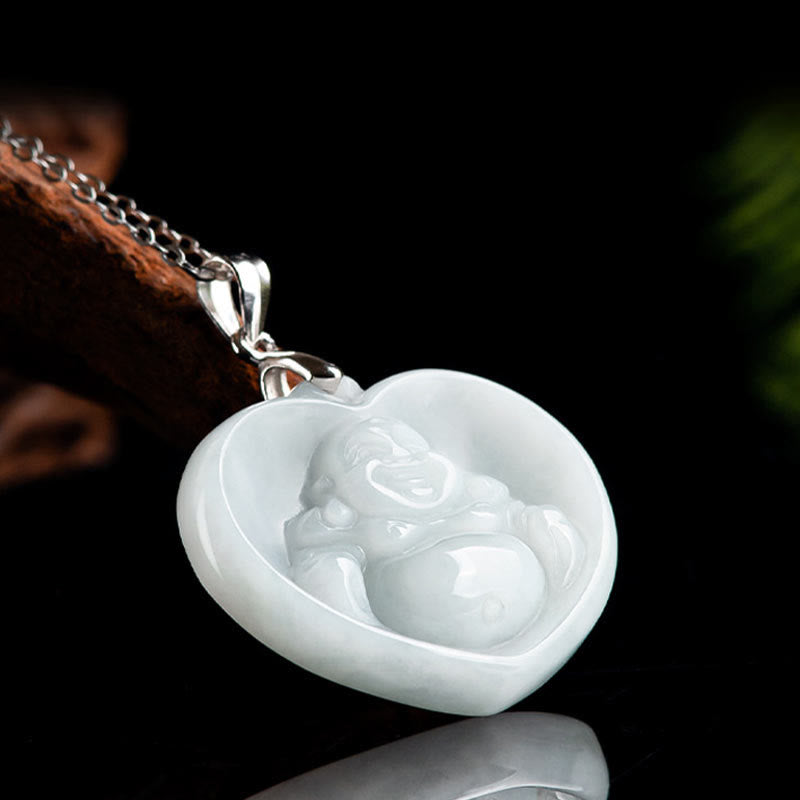 Buddha Energy Necklace 925 Sterling Silver Laughing Buddha White Jade Luck Blessing Necklace Pendant