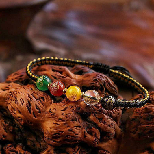 Ancient Tibetan Buddhist Red String Tradition  Five Directions Gods of Wealth Agate Handmade Protection String Braid Bracelet