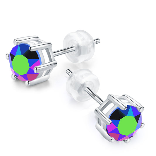 082 6mm White Gold Plated 925 Sterling Silver Plt,Imported Aurore Boreale Crystal Stone,Earring Stud with Gift Box,Men Women