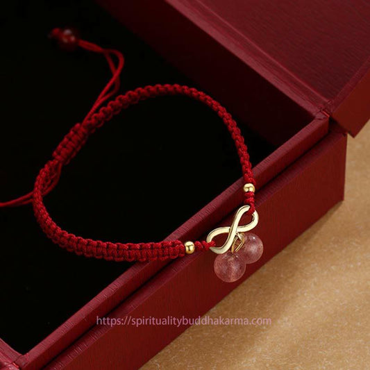 Ancient Tibetan Buddhist Red String Tradition  Strawberry Quartz Crystal Endless Knot Love Healing Red String Weave Bracelet