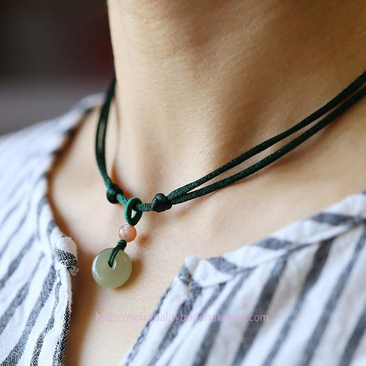 Jade  Natural Round Jade Peace Buckle Lotus Abundance String Necklace Pendant