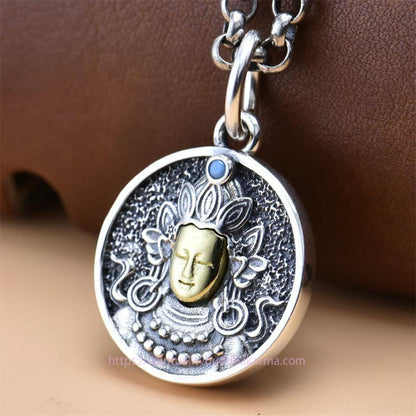 Buddha Energy Necklace 925 Sterling Silver Green Tara Double Dorje Vajra Protection Necklace Pendant