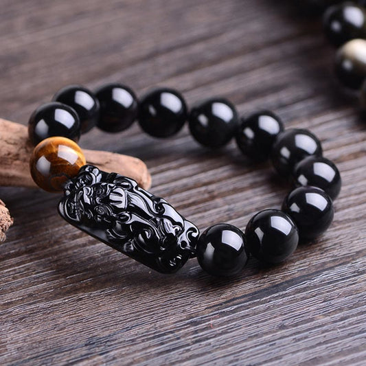 Strength And Protection Natural Black Obsidian PiXiu Tiger's Eye Bracelet