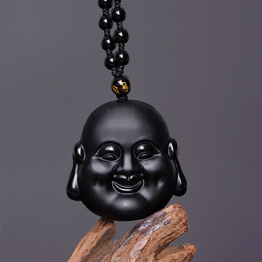 Spirituality Buddha Karma Natural Black Obsidian Laughing Buddha Purification Necklace Pendant