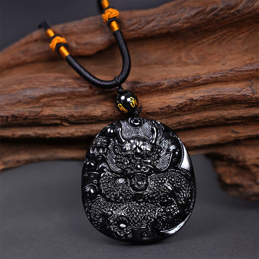 Spirituality Buddha Karma Natural Black Obsidian Round Dragon Carved Protection Necklace Pendant