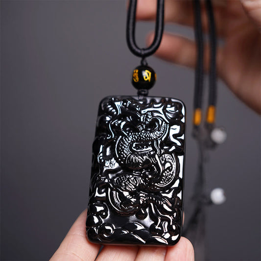 Spirituality Buddha Karma Natural Black Obsidian Rectangular Dragon Engraved Success Necklace Pendant