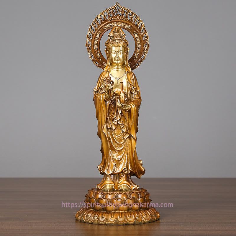 Spirituality Kwan Yin Avalokitesvara Lotus Aura Success Brass Copper Statue Home Decoration