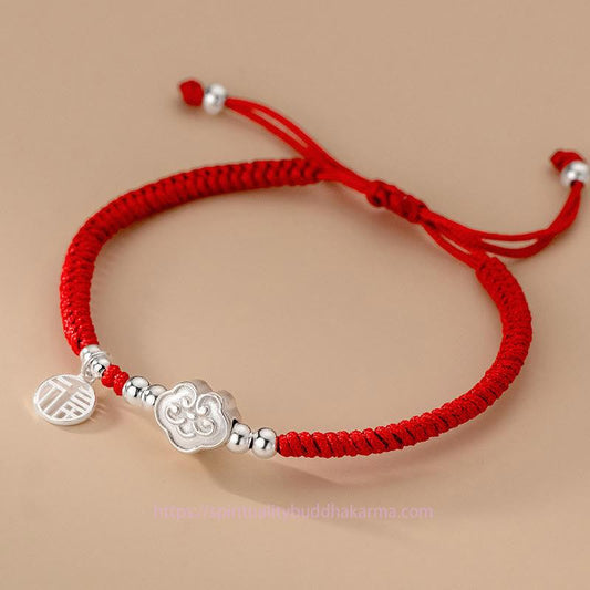Tibetan Knot Protection Handmade 925 Sterling Silver Fu Character Auspicious Clouds Blessing Braided Rope Bracelet