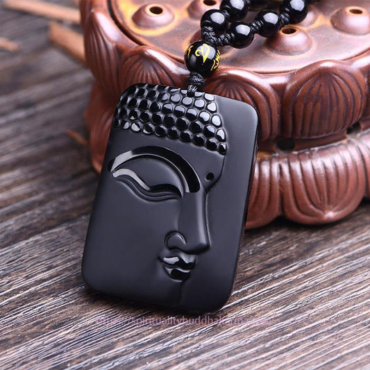 Buddha Energy Necklace Natural Black Obsidian Buddha Prayer Purification Luck Pendant Necklace