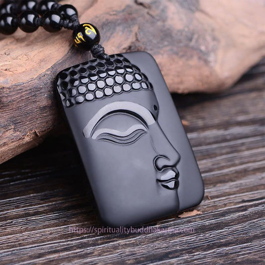 Buddha Energy Necklace Natural Black Obsidian Buddha Prayer Purification Luck Pendant Necklace