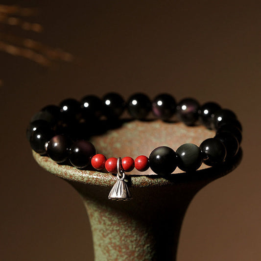 Spirituality Buddha Karma Natural Black Obsidian Cinnabar Lotus Charm Strength Fulfillment Bracelet