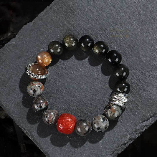 Spirituality Buddha Karma Gold Sheen Obsidian Lava Rock Red Agate Protection Bracelet