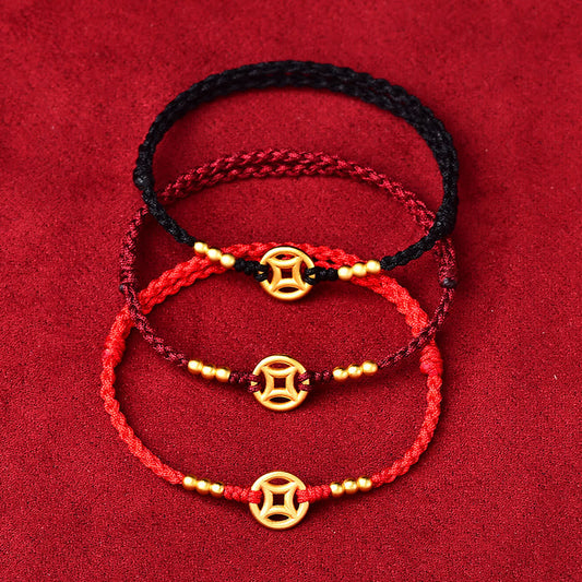 Ancient Tibetan Buddhist Red String Tradition  Copper Coin Strength Braided String Bracelet Anklet