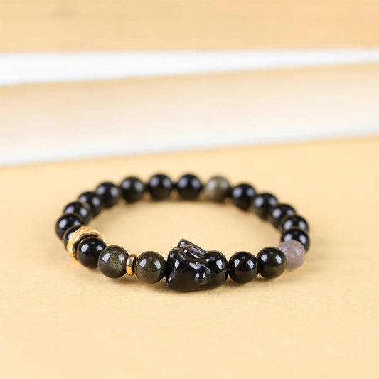 Spirituality Buddha Karma Gold Sheen Obsidian Black Obsidian Silver Sheen Obsidian Cute Rabbit Protection Bracelet