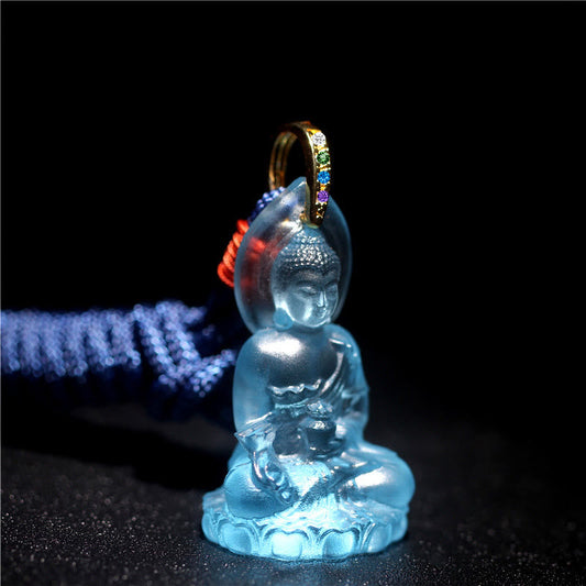 Buddha Energy Necklace Blue Tathagata Buddha Medicine Buddha Liuli Crystal Serenity Amulet Necklace Pendant