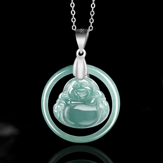 Buddha Energy Necklace 925 Sterling Silver Natural Jade Round Laughing Buddha Abundance Chain Necklace Pendant