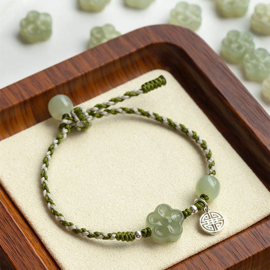Ancient Tibetan Buddhist Red String Tradition  Handmade Plum Blossom Flower Jade Luck Prosperity Braided Bracelet
