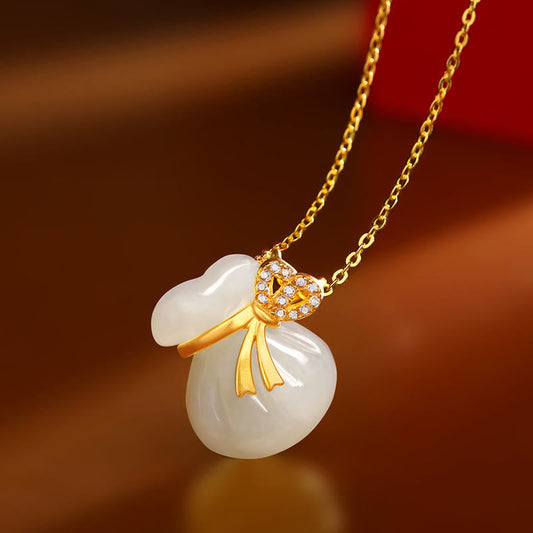 Jade  Natural Hetian White Jade Luck Money Bag Necklace Pendant
