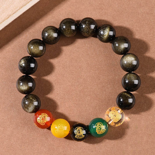 Spirituality Buddha Karma Gold Sheen Obsidian Rainbow Obsidian Black Obsidian Five Directions Gods of Wealth Bracelet