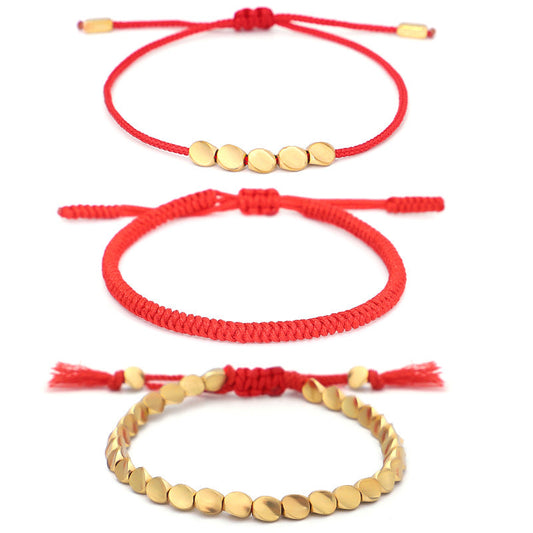 Tibetan Red String Vajra Knot Bracelet Set - Wealth, Prosperity & Spiritual Protection with Golden Beads