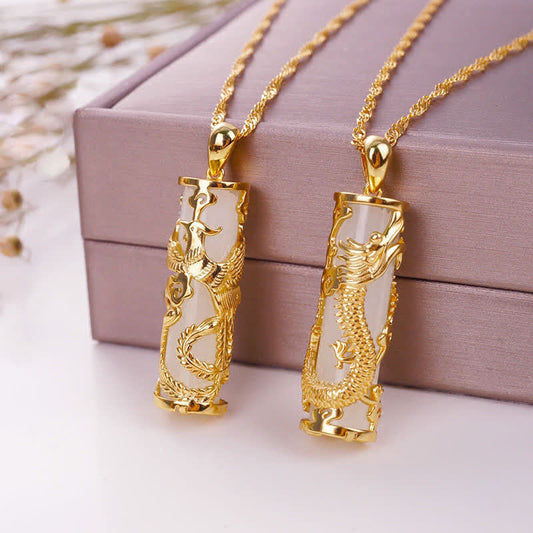 Jade  Jade Dragon Phoenix Copper Blessing Harmony Necklace Pendant
