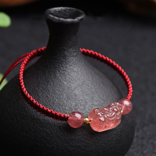 Ancient Tibetan Buddhist Red String Tradition  Natural Strawberry Quartz PiXiu Lucky Red String Bracelet