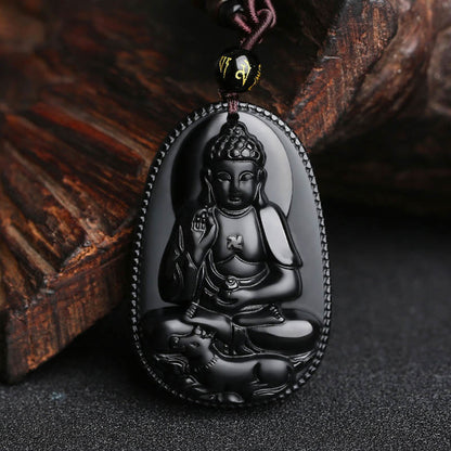 Buddha Energy Necklace Chinese Zodiac Natal Buddha Natural Black Obsidian Purification Necklace Pendant