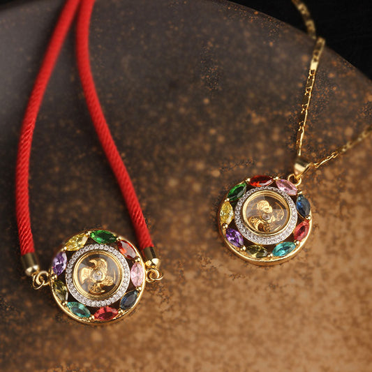 Ancient Tibetan Buddhist Red String Tradition  Colorful Zircon Copper Wealth Luck Rotation Bracelet Necklace Pendant