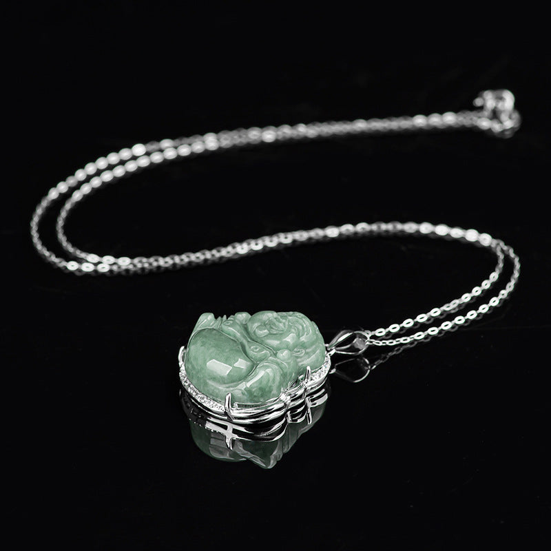 Jade  925 Sterling Silver Laughing Buddha Jade Abundance Necklace Chain Pendant
