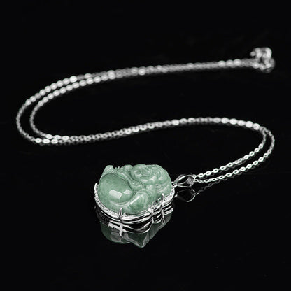 Jade  925 Sterling Silver Laughing Buddha Jade Abundance Necklace Chain Pendant