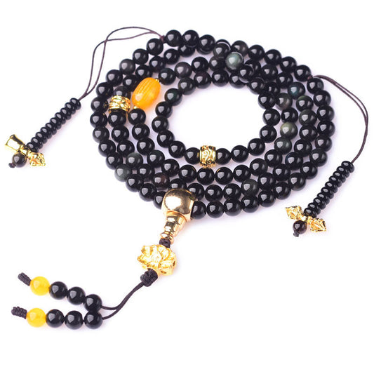 Spirituality Buddha Karma 108 Beads Natural Black Obsidian Lotus Fulfilment Mala Bracelet