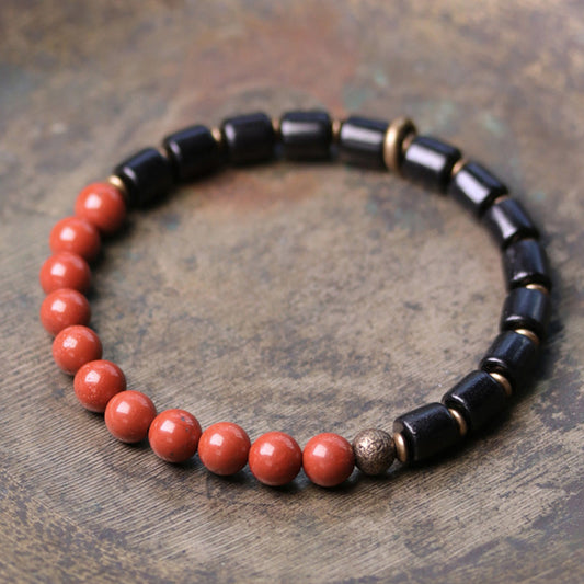 Spirituality Buddha Karma Ebony Wood Red Jasper Moss Agate Crystal Copper Peace Couple Bracelet