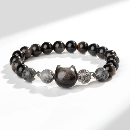 Spirituality Buddha Karma Natural Silver Sheen Obsidian Cute Cat Head Protection Bracelet